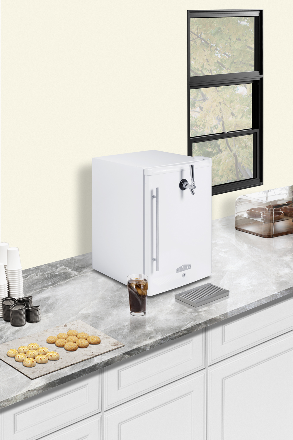 Compact commercially approved front tap cold brew coffee dispenser in a classic white finish